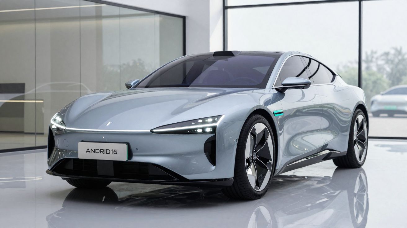 Coche eléctrico deportivo gris estacionado en un espacio interior moderno con grandes ventanales.