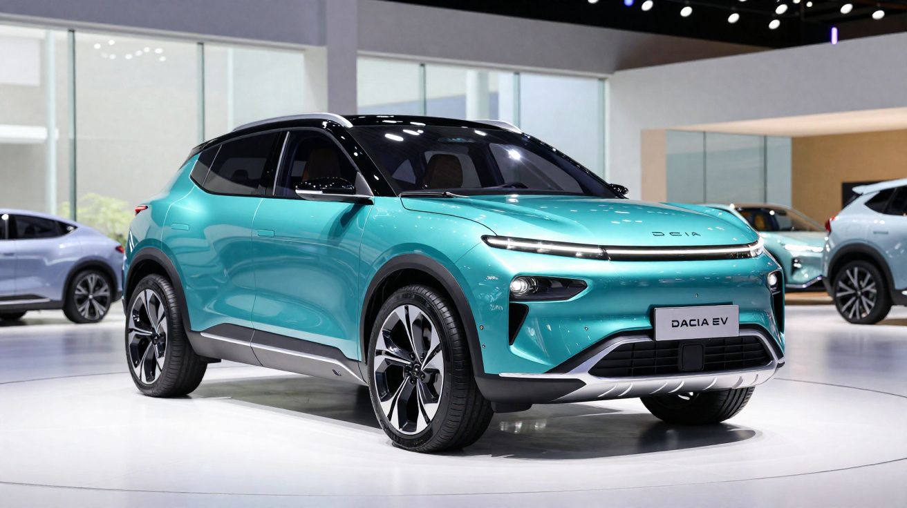 Coche eléctrico Dacia EV azul turquesa presentado en un salón del automóvil con diseño moderno y futurista.