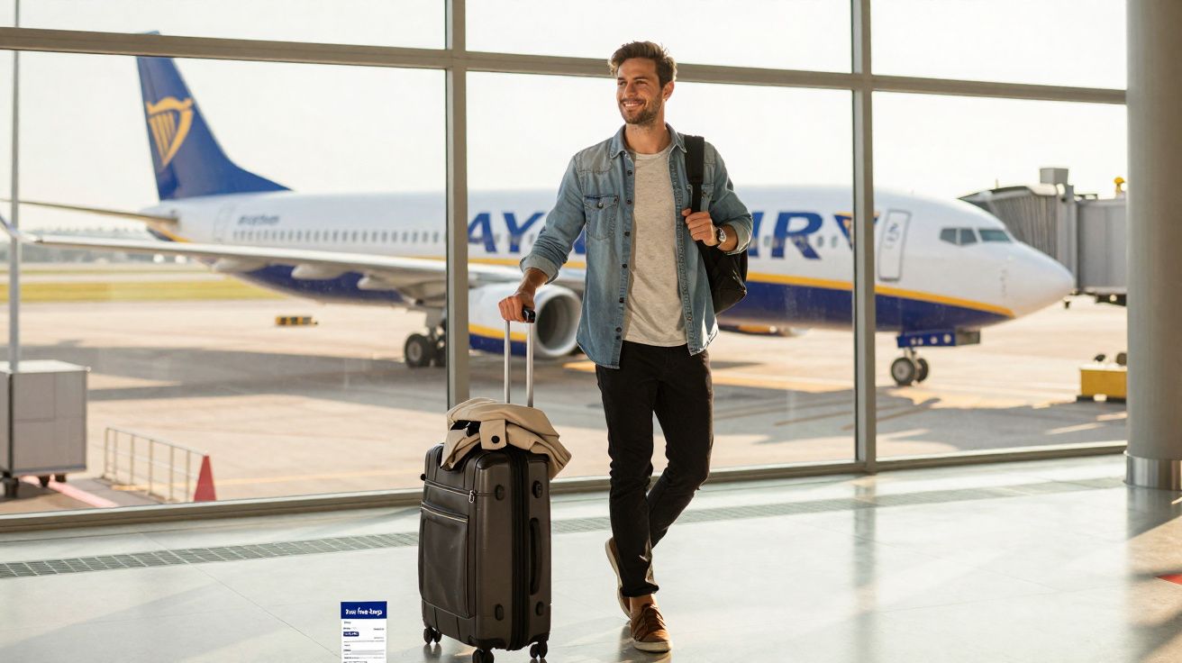 Hombre sonriente con maleta y mochila en aeropuerto, avión Ryanair estacionado al fondo.