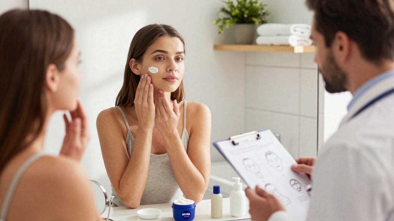 Mujer aplicándose crema facial mientras un médico revisa un informe en un entorno clínico.