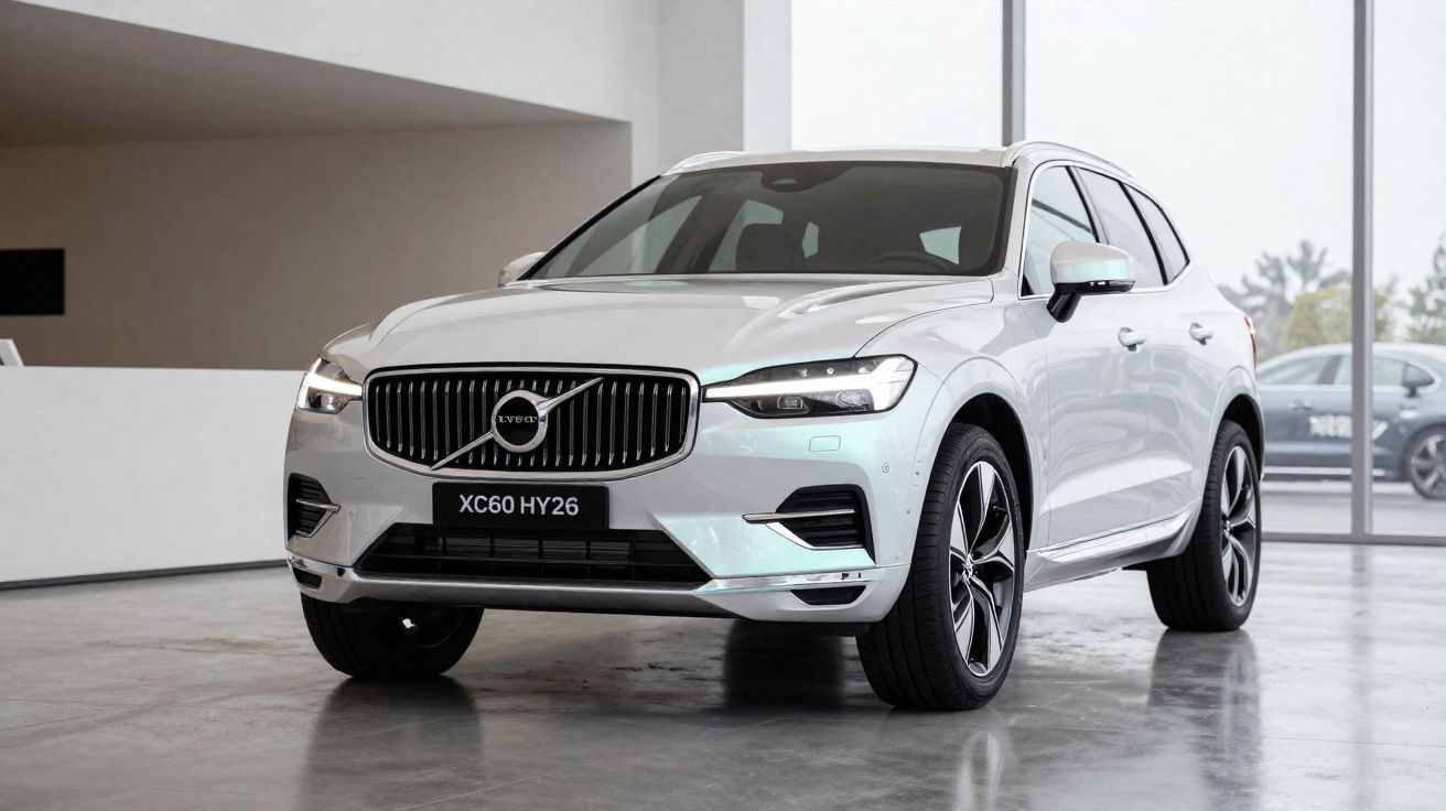 Coche blanco Volvo XC60 HY26 expuesto en un interior moderno con suelo gris pulido.