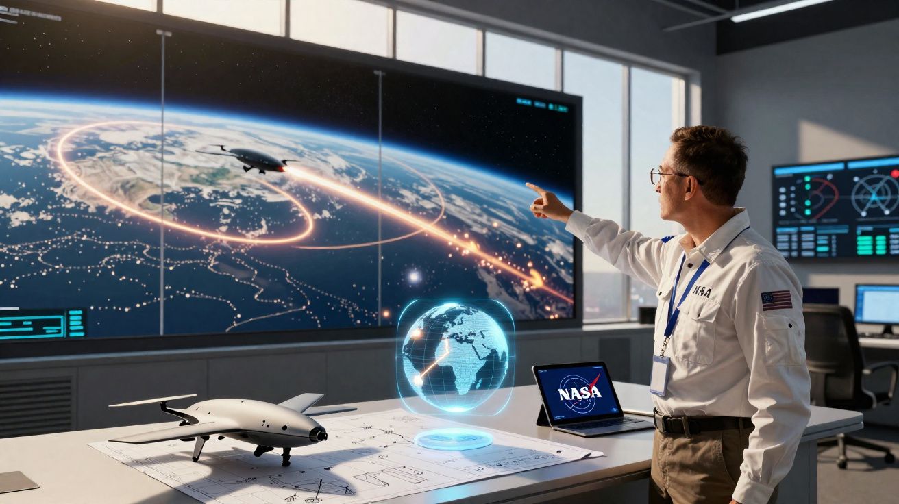 Científico de la NASA analiza rutas de vuelo de un dron en una pantalla con holograma del planeta Tierra.