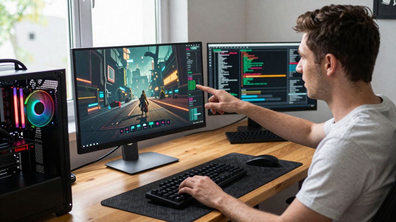 Hombre joven programando y diseñando videojuego en dos pantallas de ordenador frente a él.