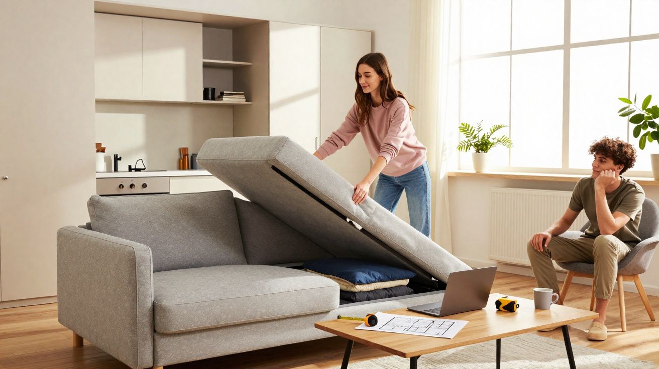 Mujer abriendo el espacio de almacenamiento de un sofá en salón moderno con hombre sentado y mesa con planos y portátil.