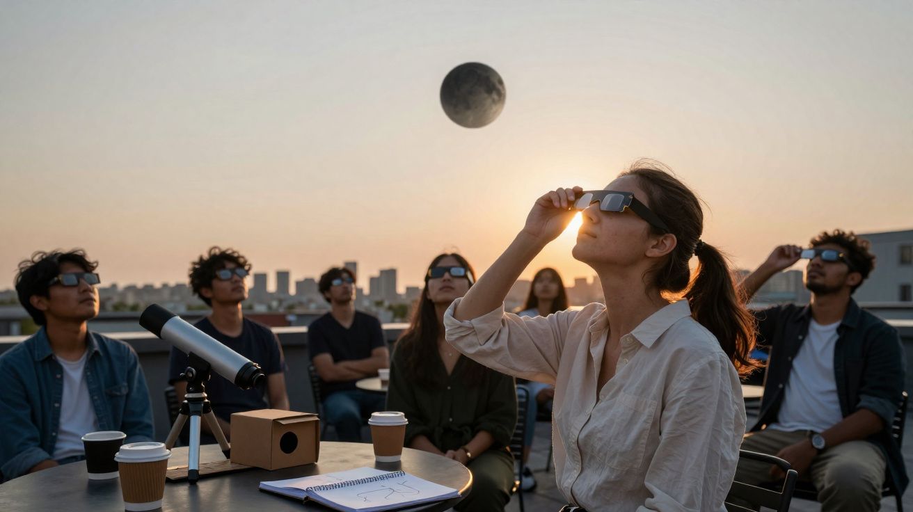 Grupo de personas con gafas especiales observando un eclipse lunar al atardecer en una terraza.