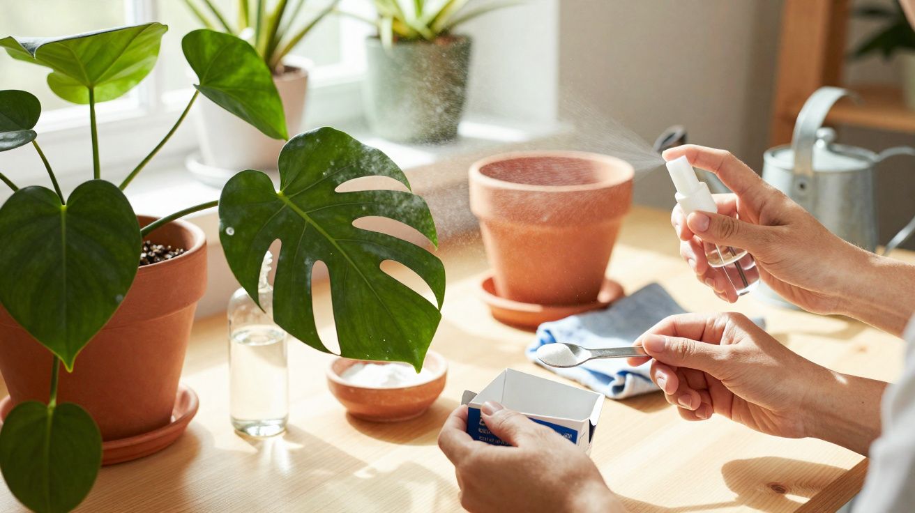 Persona aplicando fertilizante en spray a plantas en macetas sobre una mesa junto a ventana.