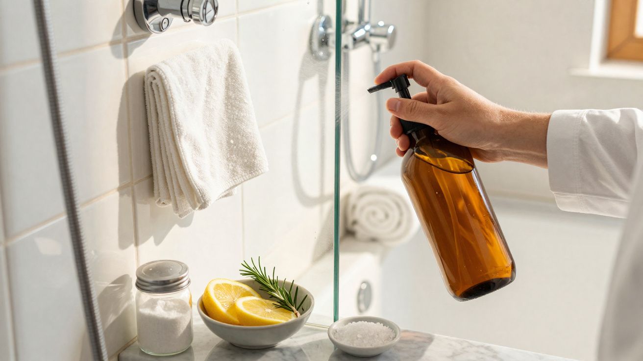 Mano sosteniendo un frasco de vidrio ámbar con dispensador en un baño con toallas y rodajas de limón.