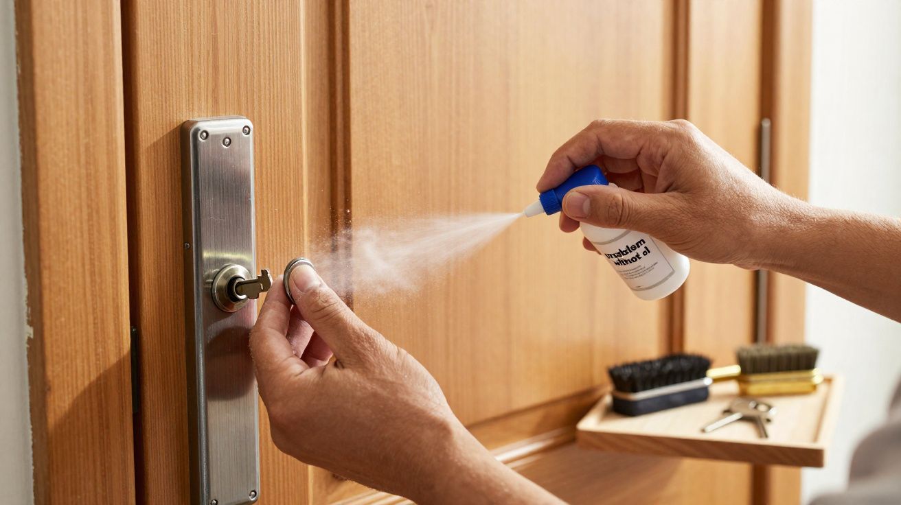 Manos pulverizando spray limpiador sobre una llave insertada en una cerradura de puerta de madera.
