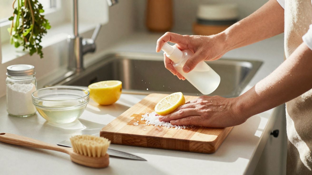 Manos rociando líquido sobre medio limón y sal en tabla de cortar en cocina luminosa.