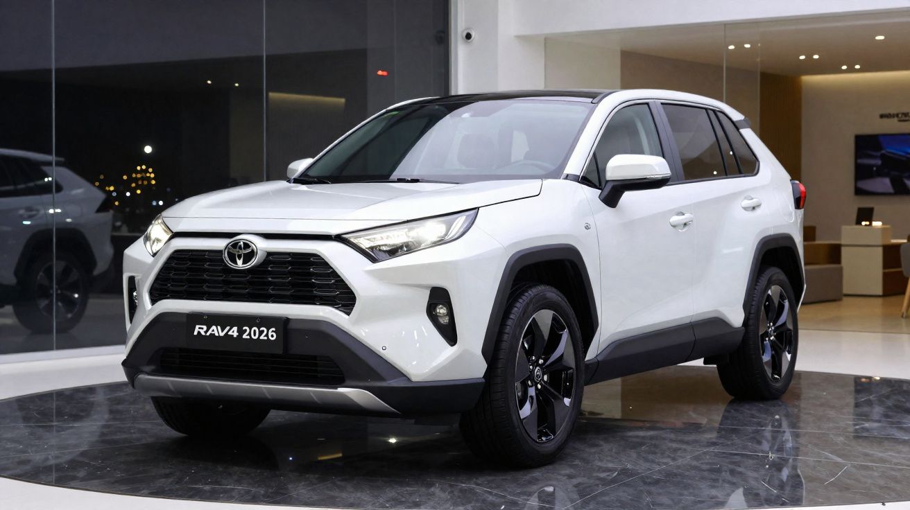 Toyota RAV4 2026 blanco exhibido en un showroom moderno con suelo de mármol oscuro.
