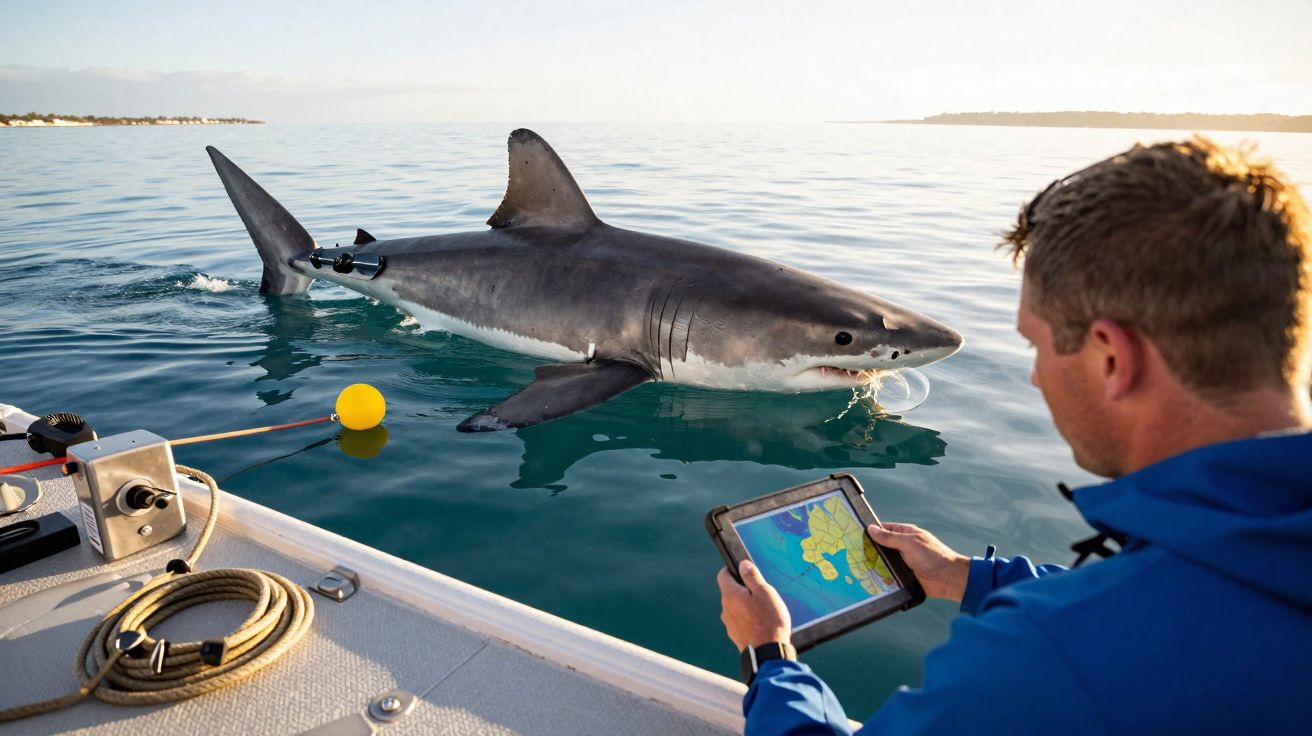 Hombre en barco usando una tablet mientras un gran tiburón blanco nada cerca en aguas tranquilas.