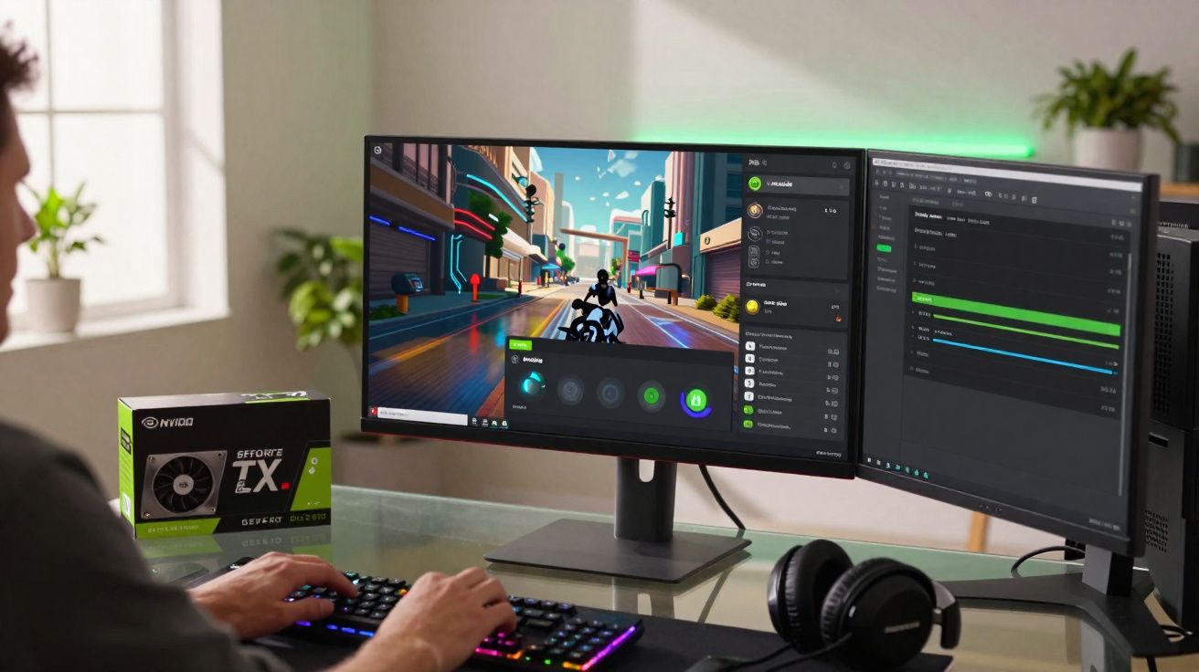 Persona jugando a videojuego en un ordenador con doble monitor y tarjeta gráfica Nvidia GeForce RTX sobre mesa.