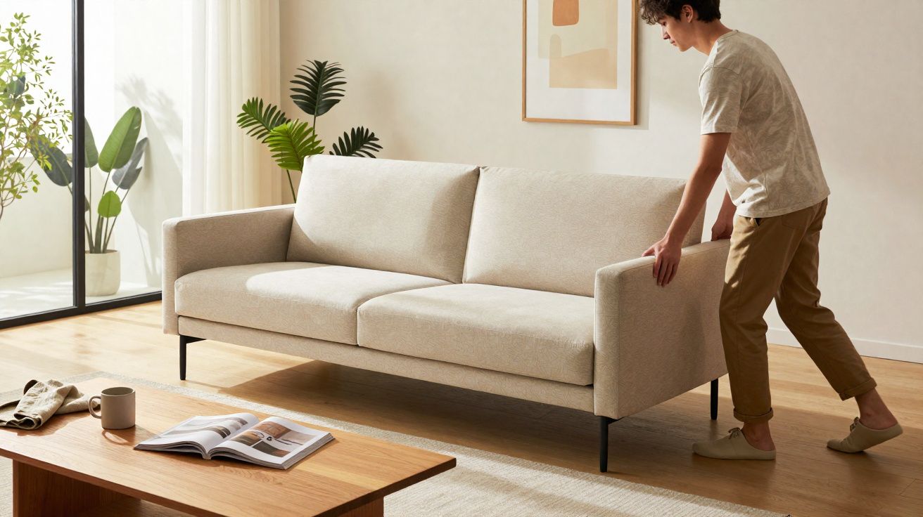 Hombre moviendo un sofá beige en una sala luminosa con mesa de madera y plantas decorativas.