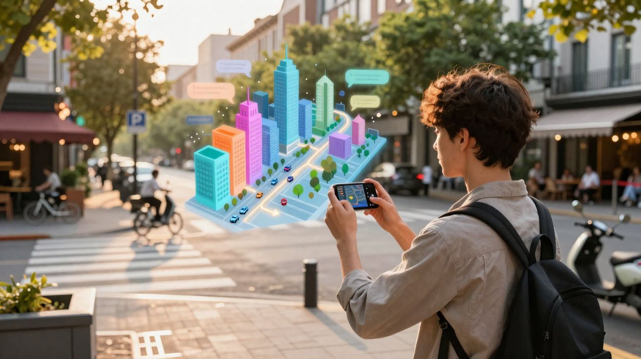 Joven usando un móvil con realidad aumentada que muestra un modelo 3D de ciudad en una calle urbana.