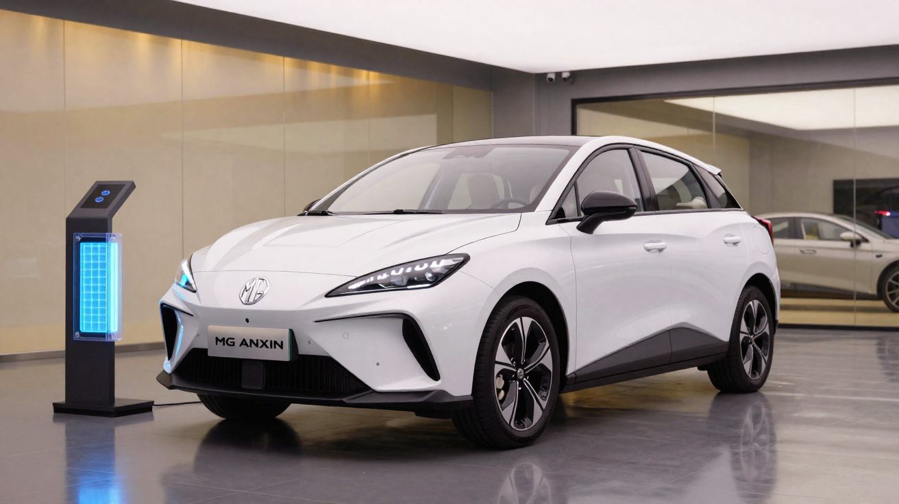 Coche eléctrico blanco MG Anxin cargando en un puerto de carga interior en una sala moderna.