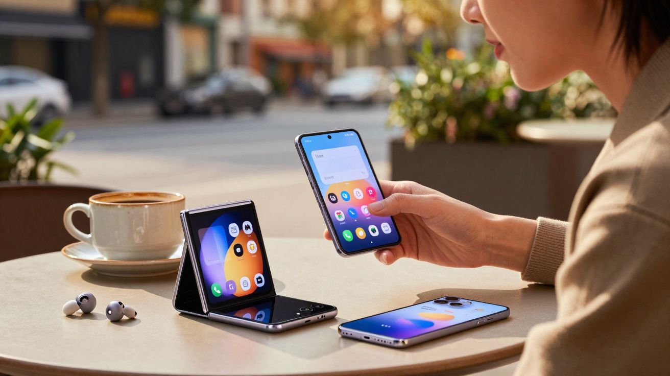 Persona usando un smartphone con dos teléfonos y unos auriculares sobre una mesa cercana a una taza de café.