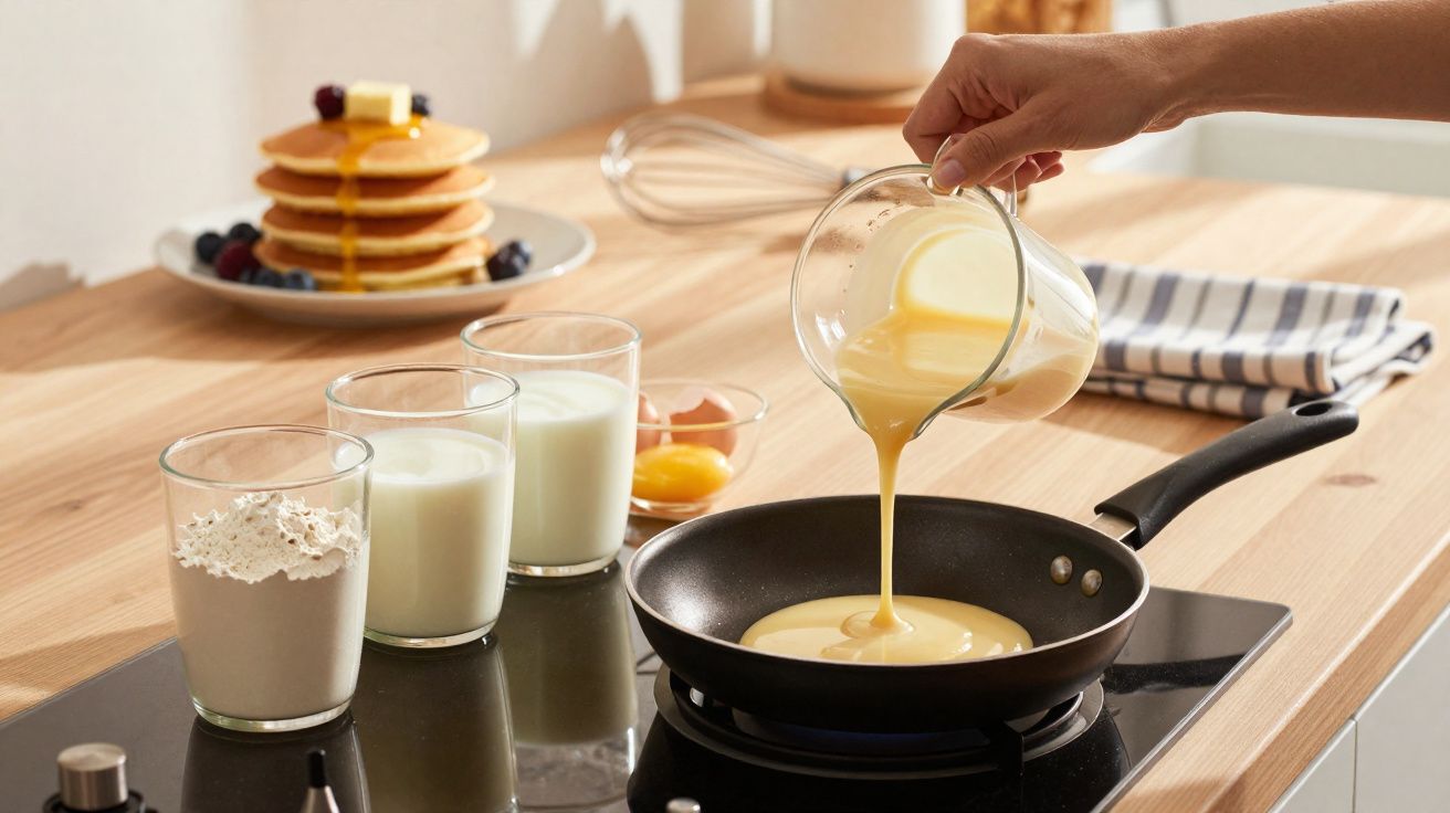 Mano vertiendo mezcla de masa para pancakes en sartén, con ingredientes y pancakes apilados al fondo.