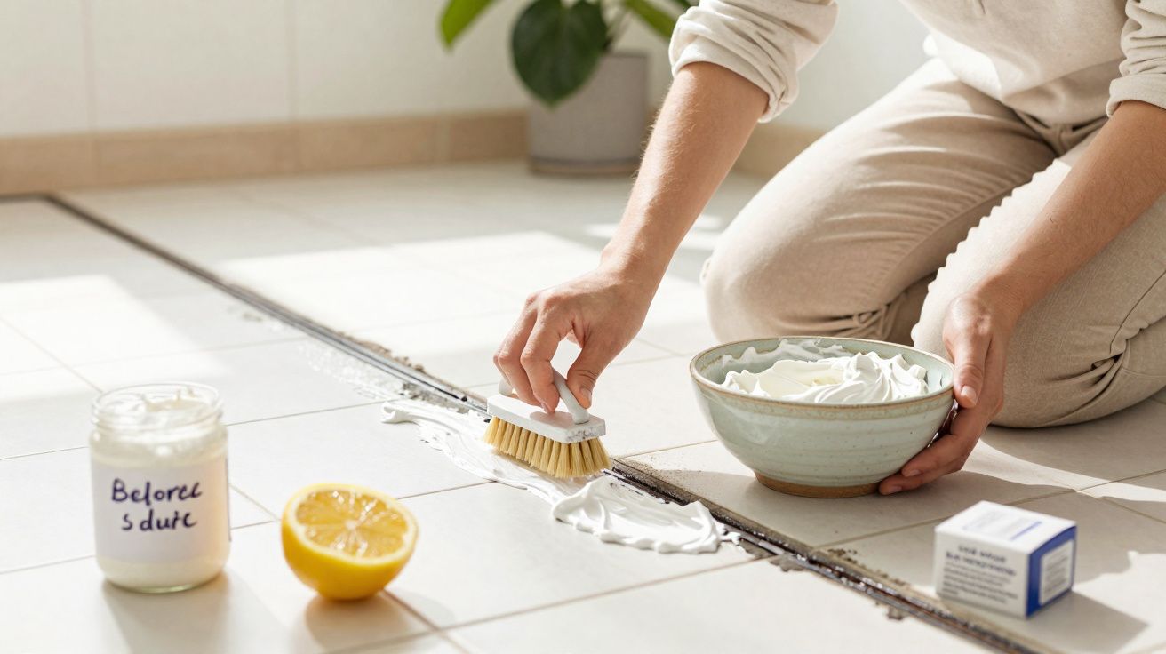 Persona limpiando las juntas de un suelo con un cepillo, crema y limón, luz natural en el interior.