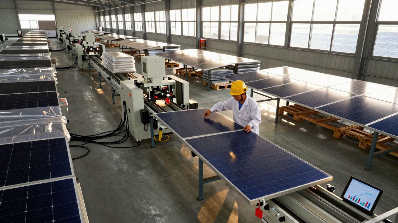 Trabajador con casco inspecciona paneles solares en fábrica luminosa con maquinaria y ventanas grandes.