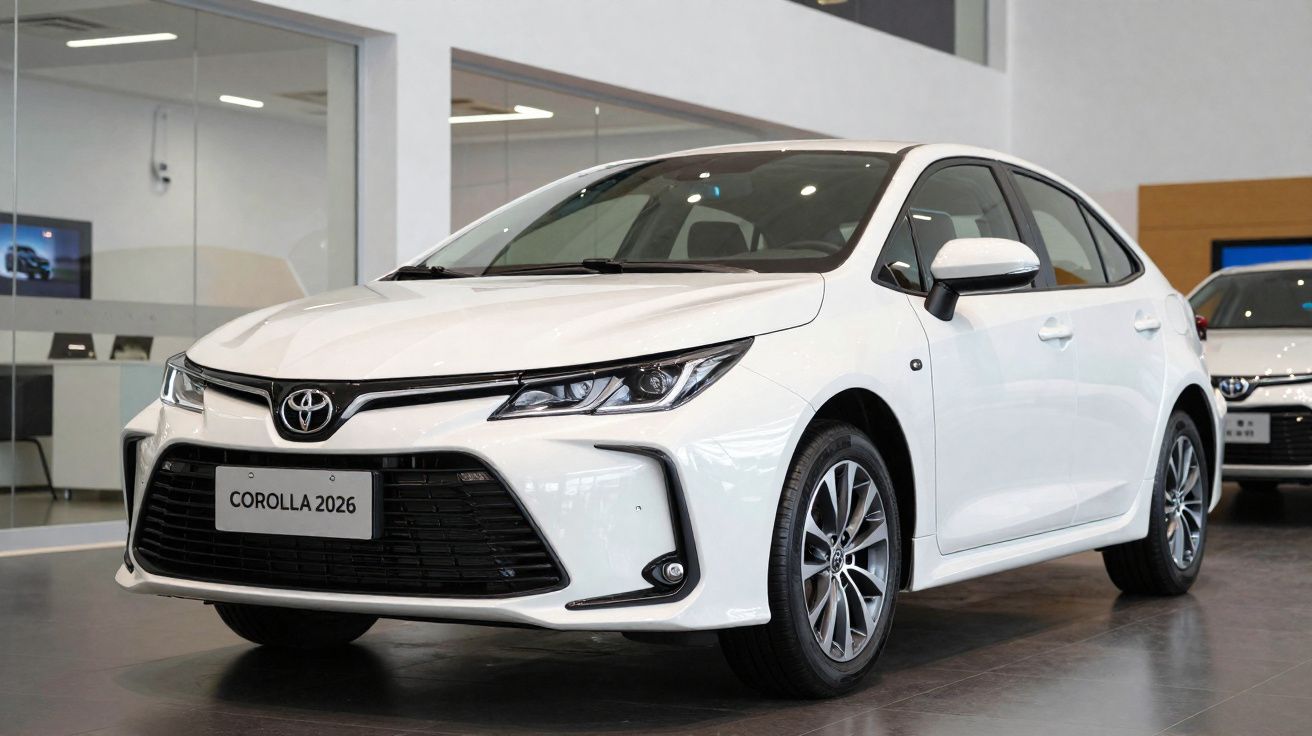Coche blanco Toyota Corolla 2026 estacionado en concesionario, vista frontal desde la derecha.