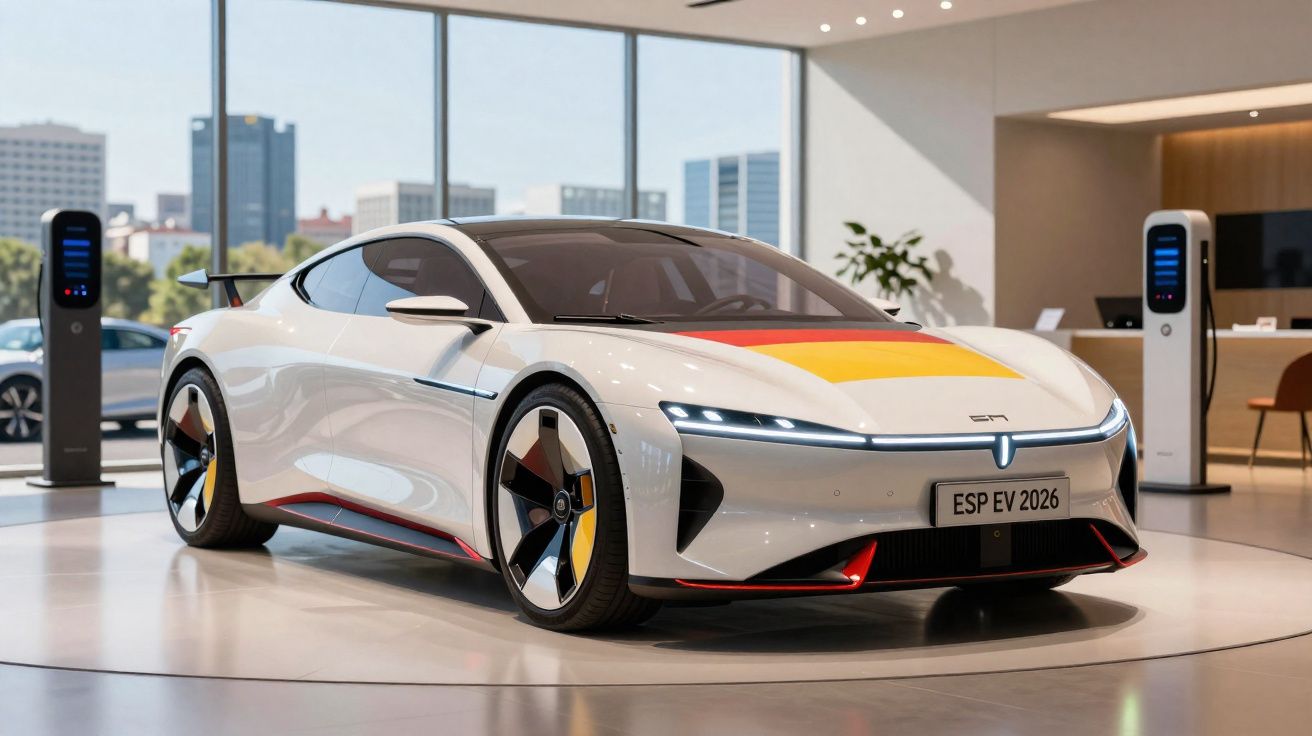 Coche eléctrico deportivo blanco con detalles en rojo y amarillo en exposición con cargadores y vista urbana.