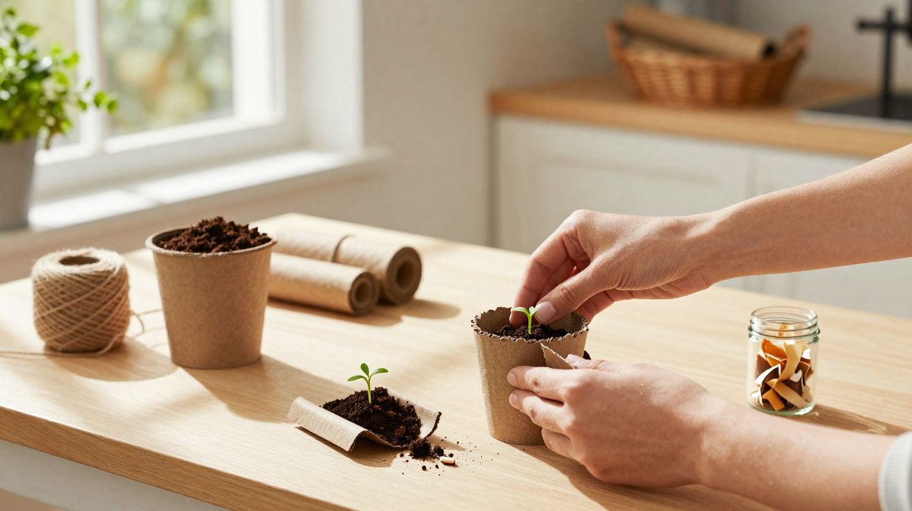 Manos plantando una pequeña planta en maceta biodegradable sobre una mesa de madera con tierra y utensilios.