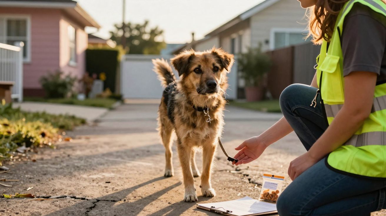 Persona con chaleco reflectante sostiene la correa de un perro en una calle residencial al atardecer.