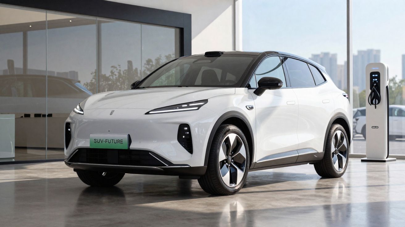 Coche eléctrico SUV blanco moderno estacionado junto a un punto de carga en un entorno interior iluminado.