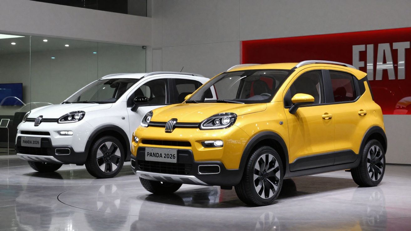 Dos coches Fiat Panda, uno amarillo modelo 2026 y otro blanco modelo 2025, en un showroom.