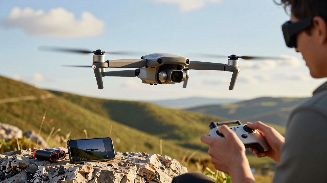 Persona controlando un dron volador con mando y móvil en un paisaje montañoso al atardecer.