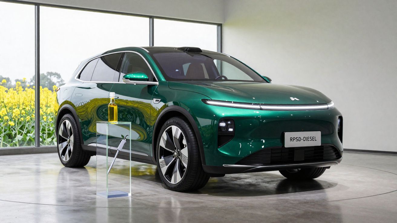 Coche eléctrico verde brillante en exposición interior con grandes ventanas y naturaleza al fondo.