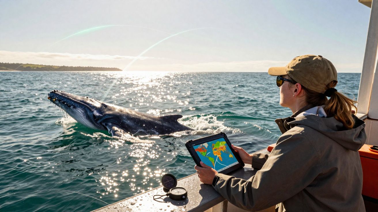 Persona con gorra y gafas observa una ballena jorobada saltando cerca de un barco en mar abierto.