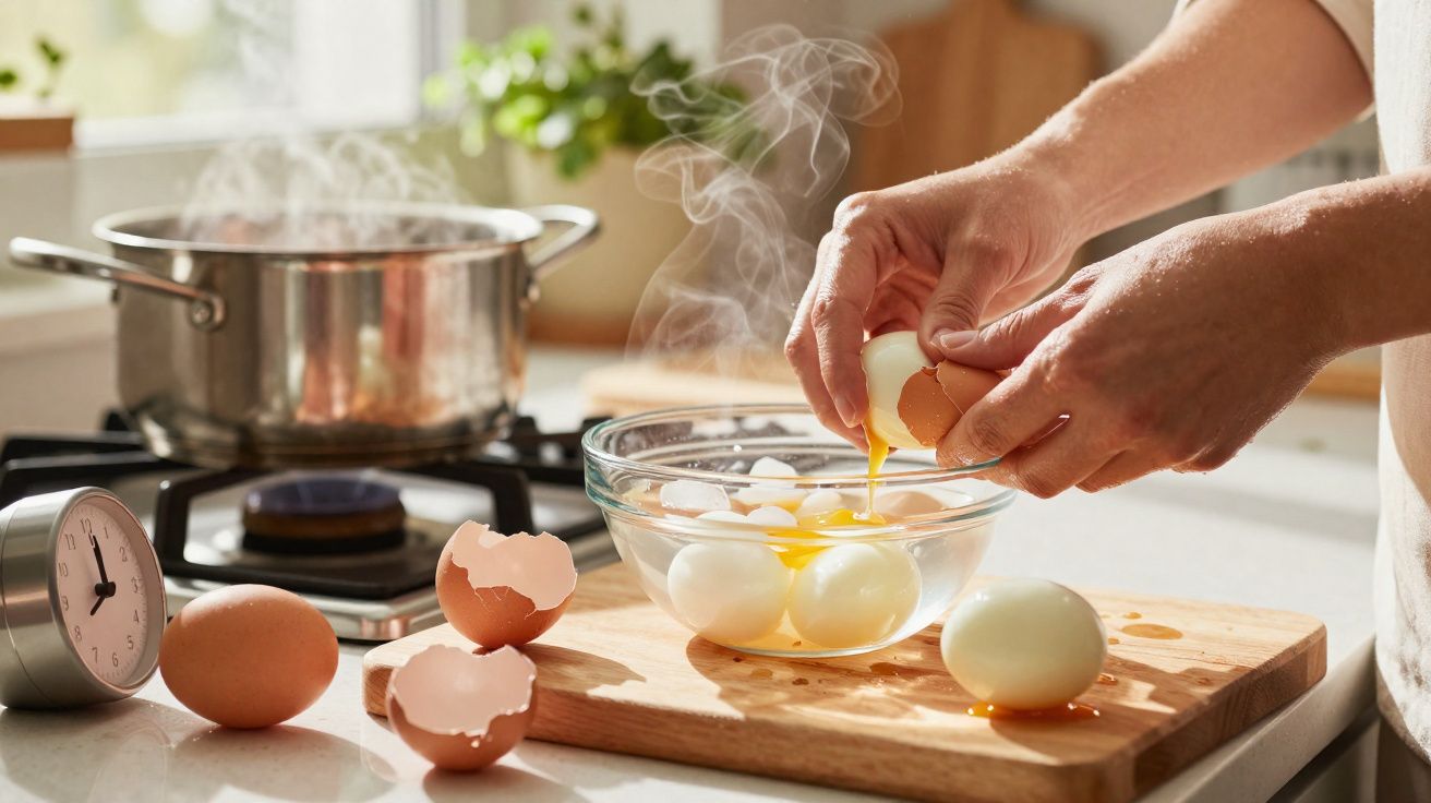Manos rompiendo huevos para un bol con huevos cocidos en una cocina con cacerola y reloj.