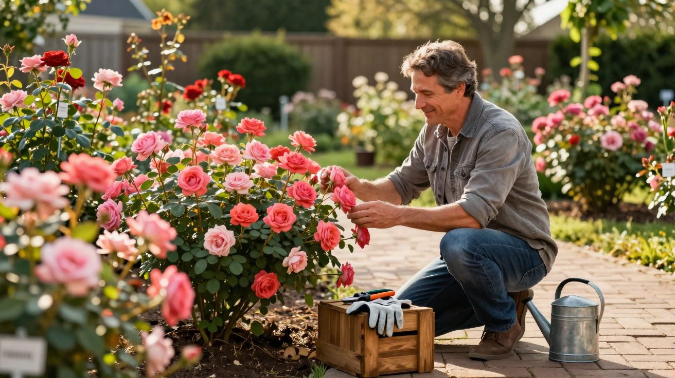 Hombre cuidando un rosal lleno de rosas rosas y rojas en un jardín soleado.