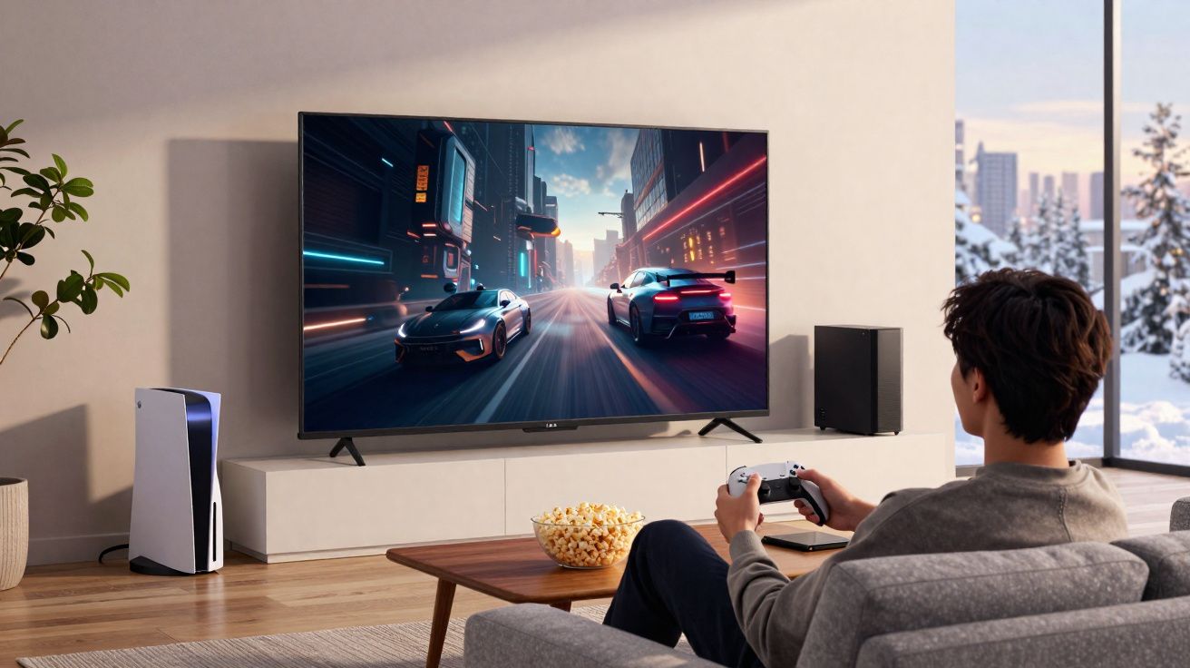 Persona jugando a un videojuego de coches en una consola con mando, TV grande y cuenco de palomitas.