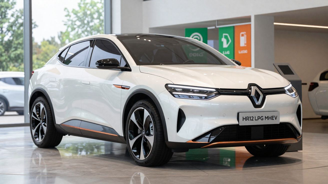 Coche Renault blanco eléctrico o híbrido expuesto en concesionario con diseño moderno y luces LED encendidas.