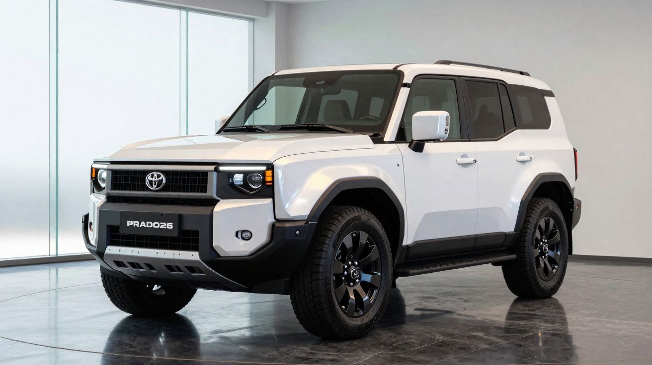 SUV Toyota Prado 26 blanco estacionado en interior con suelo de mármol y paredes blancas.