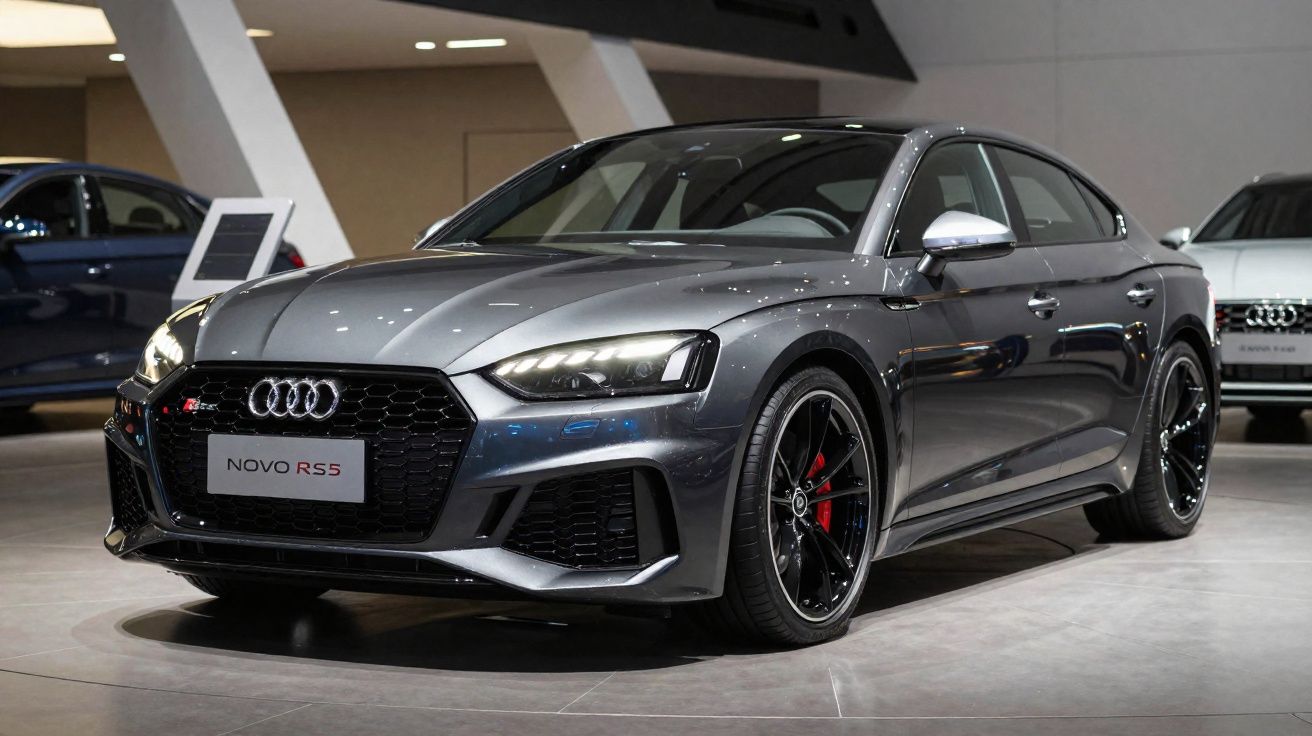 Audi RS5 gris oscuro estacionado en showroom con llantas negras y frenos rojos.
