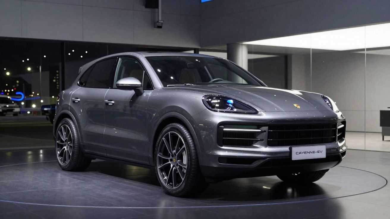 Coche deportivo SUV eléctrico gris Porsche Cayenne EV exhibido en un salón moderno y luminoso.