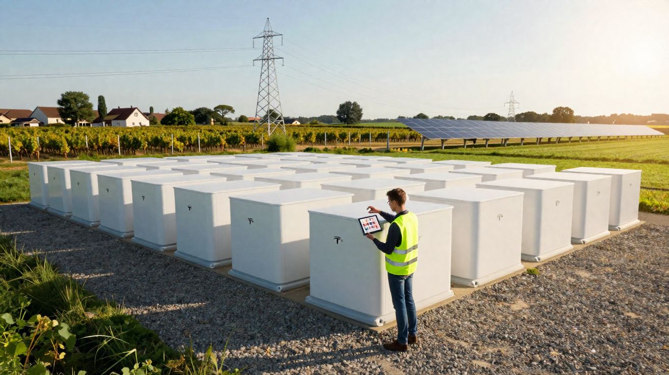 Persona con chaleco reflectante controla baterías de almacenamiento energético junto a paneles solares en campo abierto.