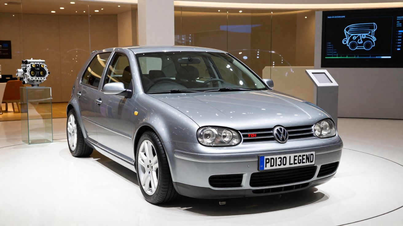 Coche Volkswagen Golf TDI gris expuesto en un salón del automóvil con motor a la izquierda.