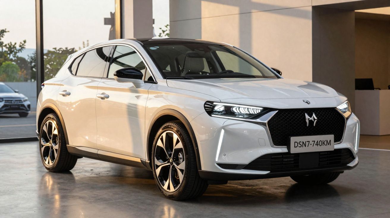 Coche SUV blanco estacionado en un interior moderno con luces LED delanteras encendidas.