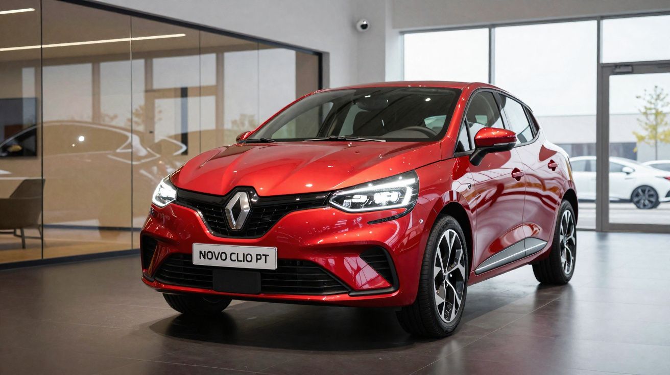 Coche rojo Renault Novo Clio PT estacionado en interior de concesionario moderno con suelo gris.