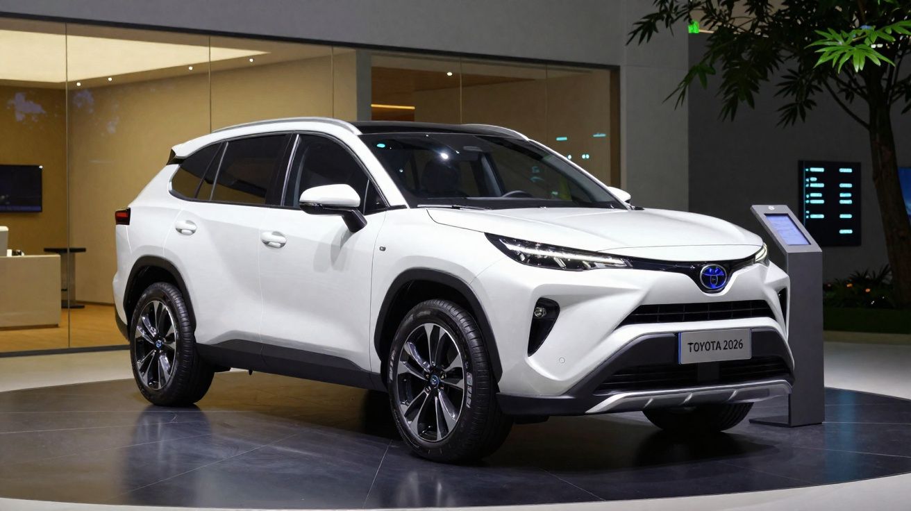 SUV Toyota blanco modelo 2026 expuesto en un salón moderno con iluminación interior cálida.