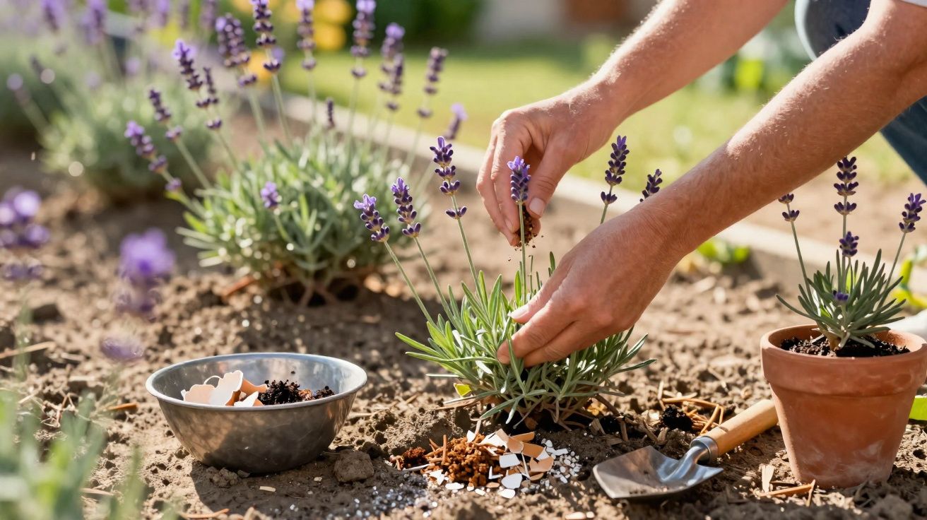 Manos cuidando plantas de lavanda en un jardín con plantas y herramientas de jardinería.