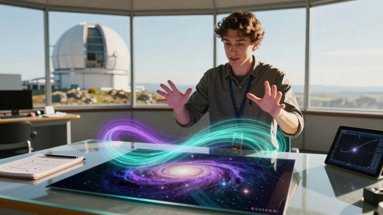 Joven manipula visualización holográfica de galaxia en mesa digital en una sala con cúpula observatorio.