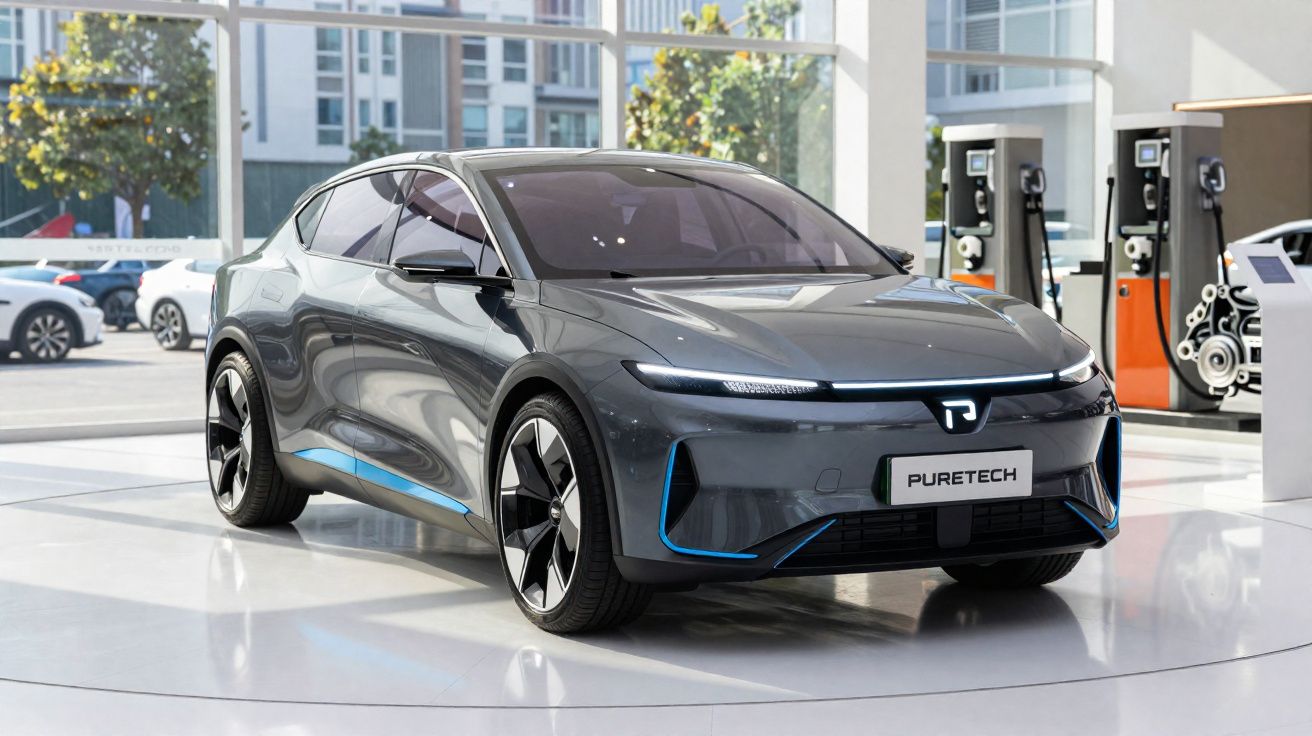 Coche eléctrico gris oscuro en exposición, con diseño moderno y luces LED en sala brillante y techada.