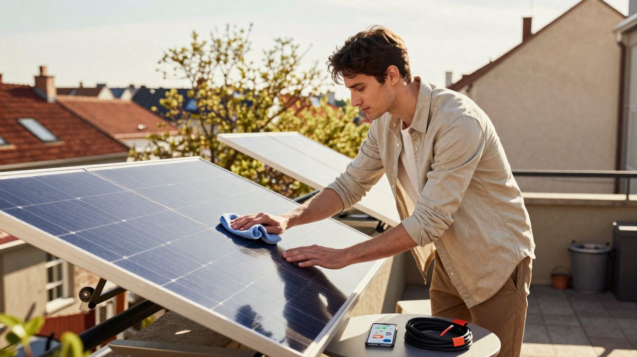 Hombre limpiando un panel solar en una terraza con herramientas y teléfono móvil al lado.