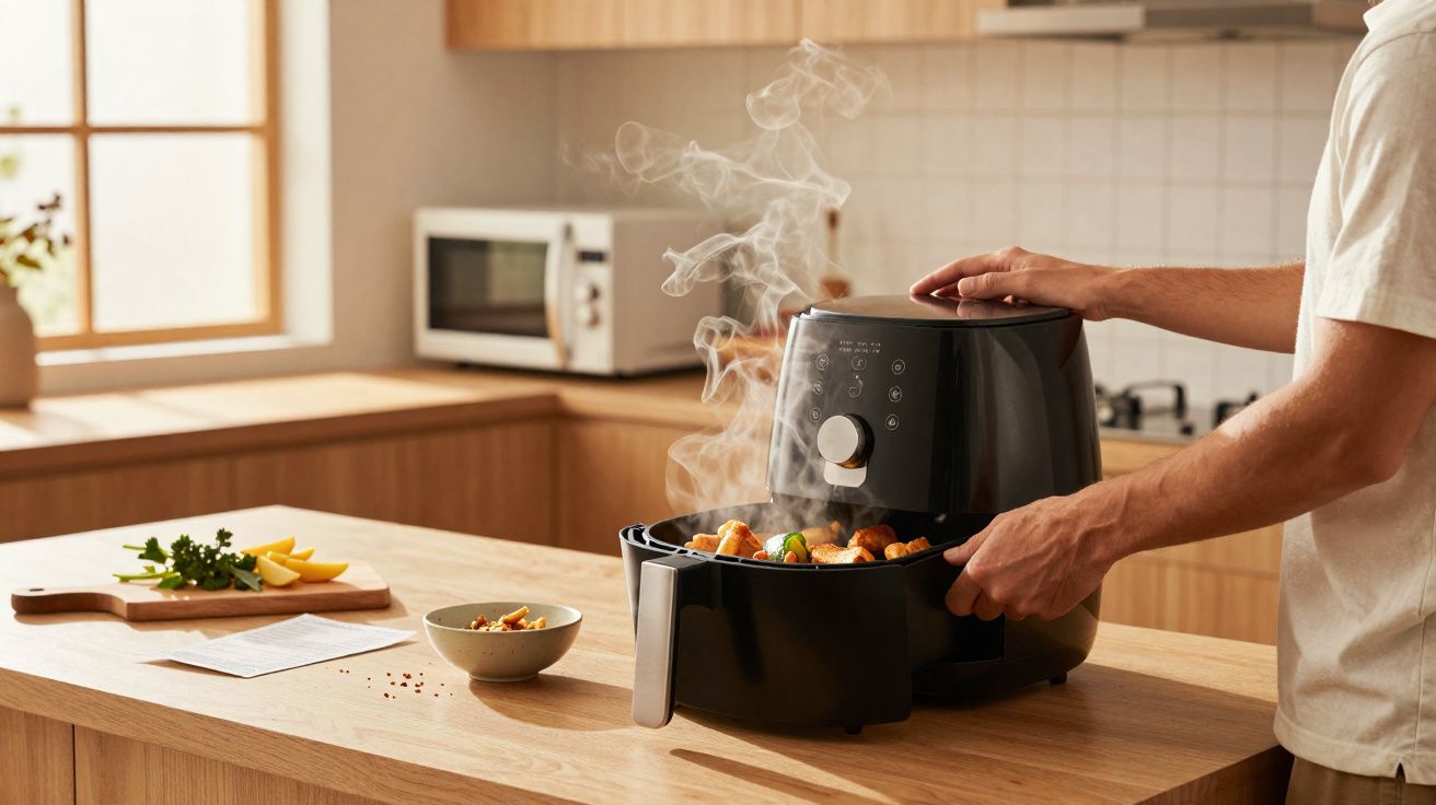 Persona sacando alimentos recién cocinados de una freidora de aire en cocina moderna con humo visible.