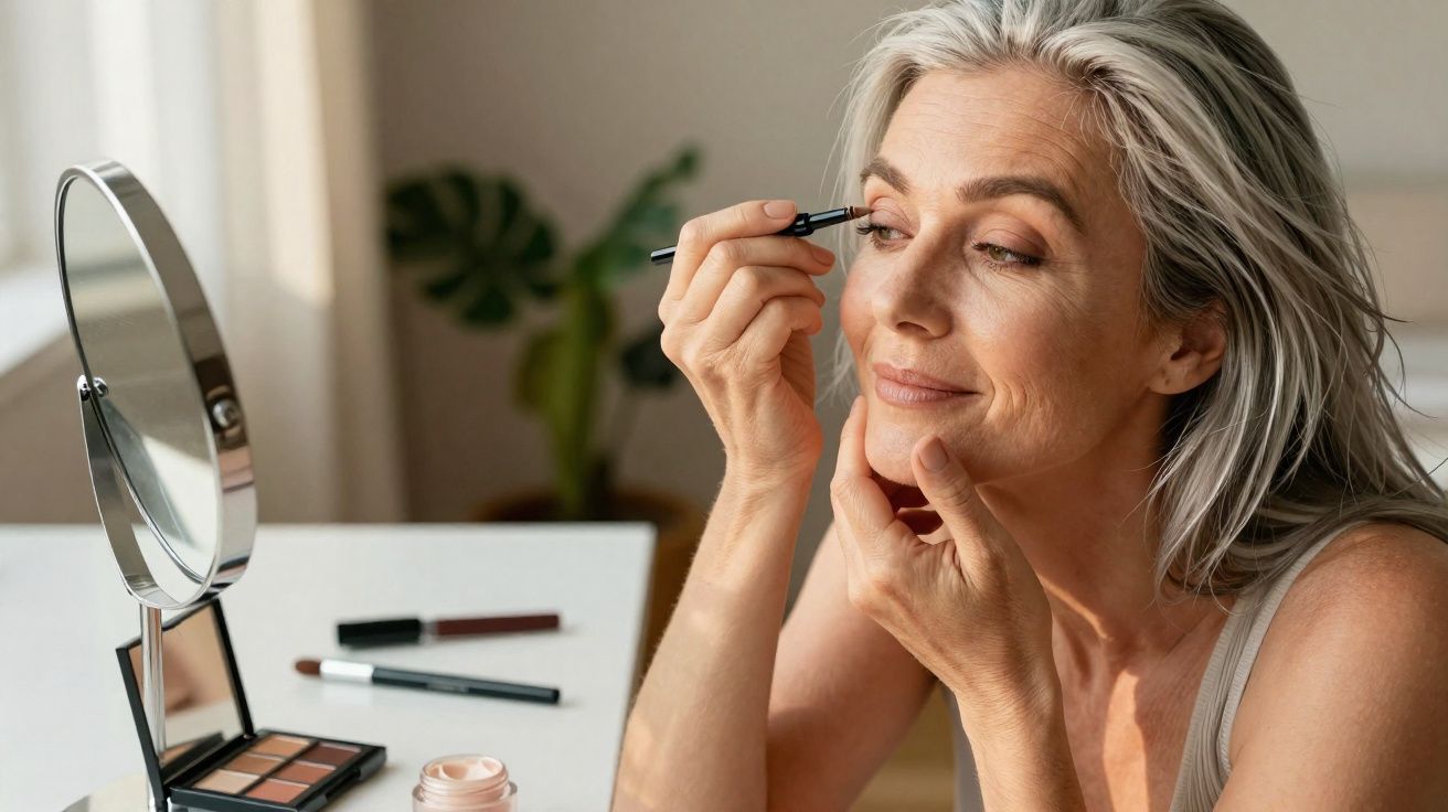 Mujer madura aplicándose maquillaje en los ojos frente a un espejo en una habitación iluminada.